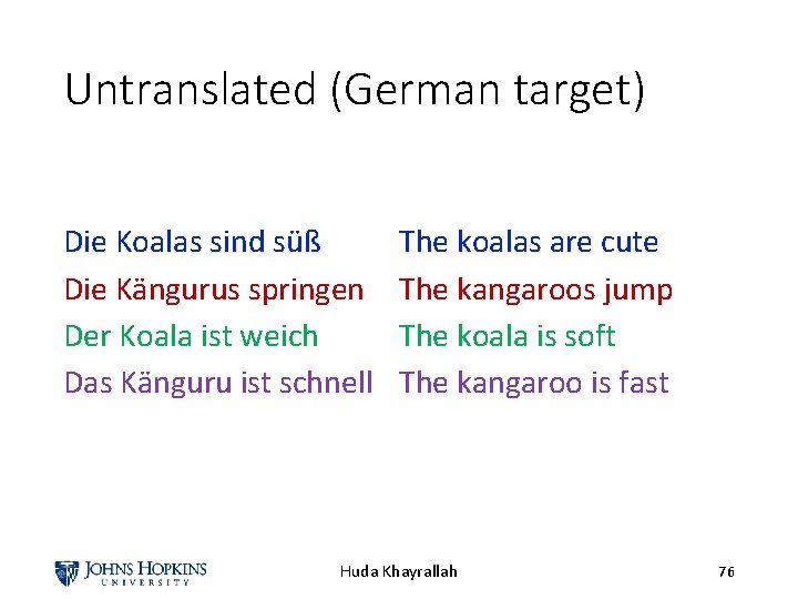 Untranslated (German target) Die Koalas sind süß Die Kängurus springen Der Koala ist weich