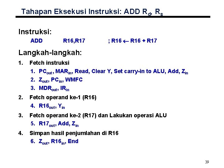 Tahapan Eksekusi Instruksi: ADD Rd, Rs Instruksi: ADD R 16, R 17 ; R