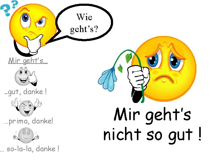 Wie geht’s? Mir geht’s… . . gut, danke ! …prima, danke! … so-la-la, danke