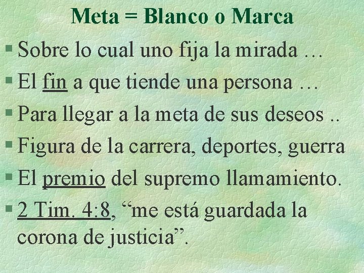 Meta = Blanco o Marca § Sobre lo cual uno fija la mirada …