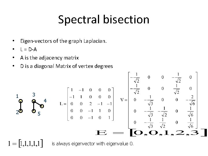 Spectral bisection Eigen-vectors of the graph Laplacian. L = D-A A is the adjacency