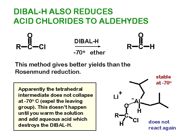 DIBAL-H ALSO REDUCES ACID CHLORIDES TO ALDEHYDES DIBAL-H -70 o ether This method gives