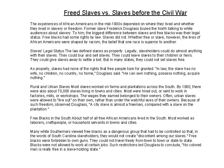 Freed Slaves vs. Slaves before the Civil War The experiences of African Americans in