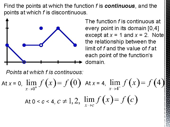 Find the points at which the function f is continuous, and the points at