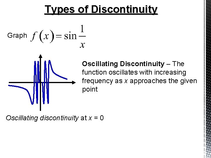Types of Discontinuity Graph Oscillating Discontinuity – The function oscillates with increasing frequency as
