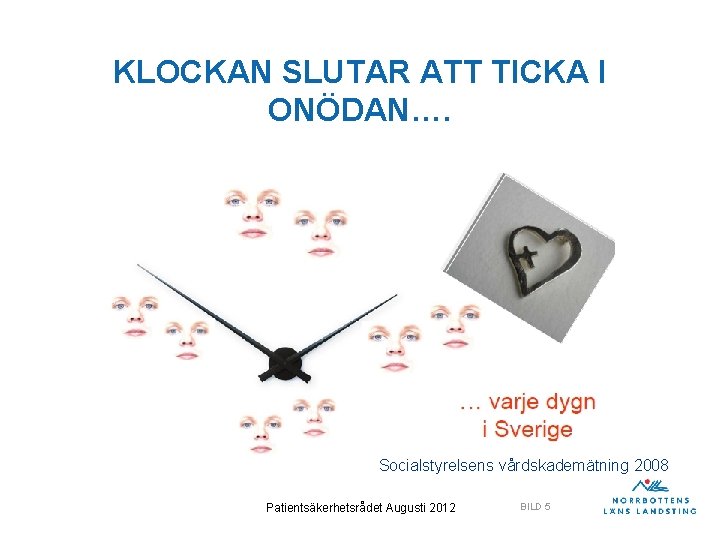 KLOCKAN SLUTAR ATT TICKA I ONÖDAN…. Socialstyrelsens vårdskademätning 2008 Patientsäkerhetsrådet Augusti 2012 BILD 5