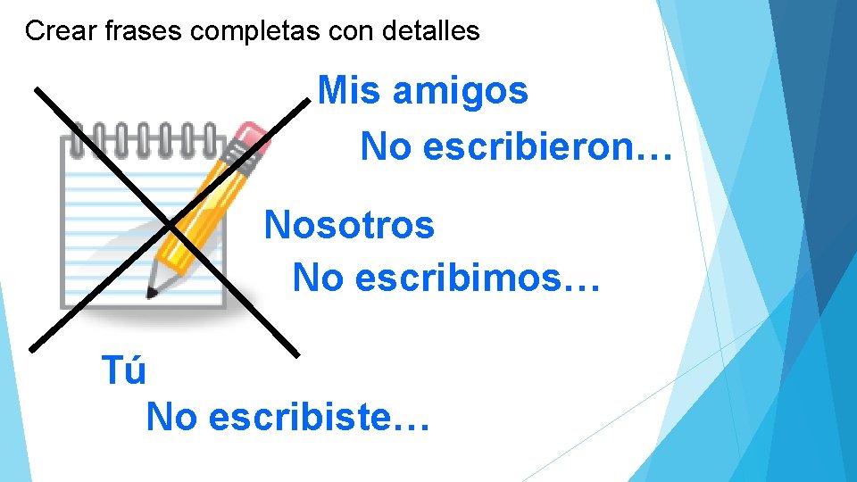 Crear frases completas con detalles Mis amigos No escribieron… Nosotros No escribimos… Tú No