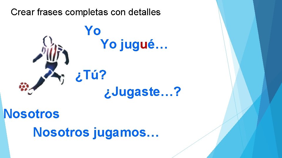 Crear frases completas con detalles Yo Yo jugué… ¿Tú? ¿Jugaste…? Nosotros jugamos… 