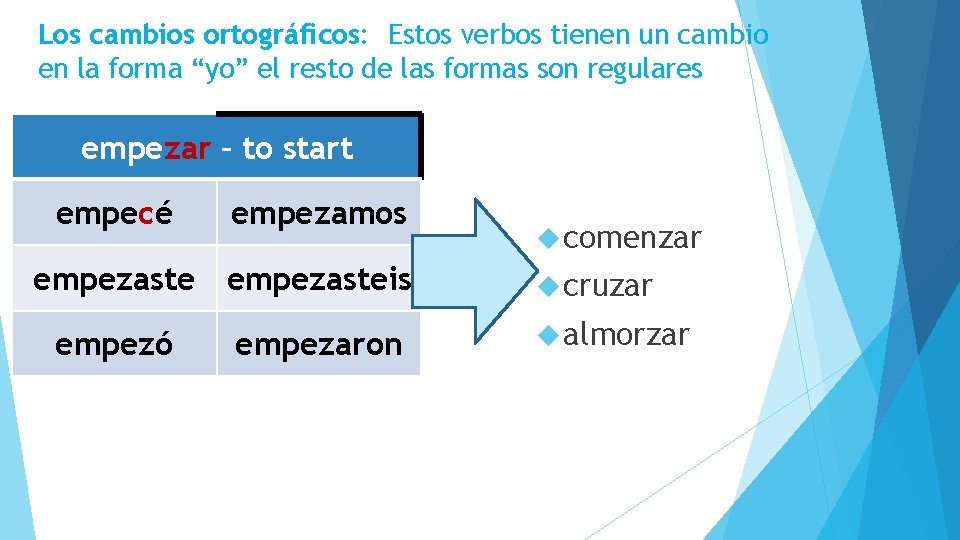 Los cambios ortográficos: Estos verbos tienen un cambio en la forma “yo” el resto