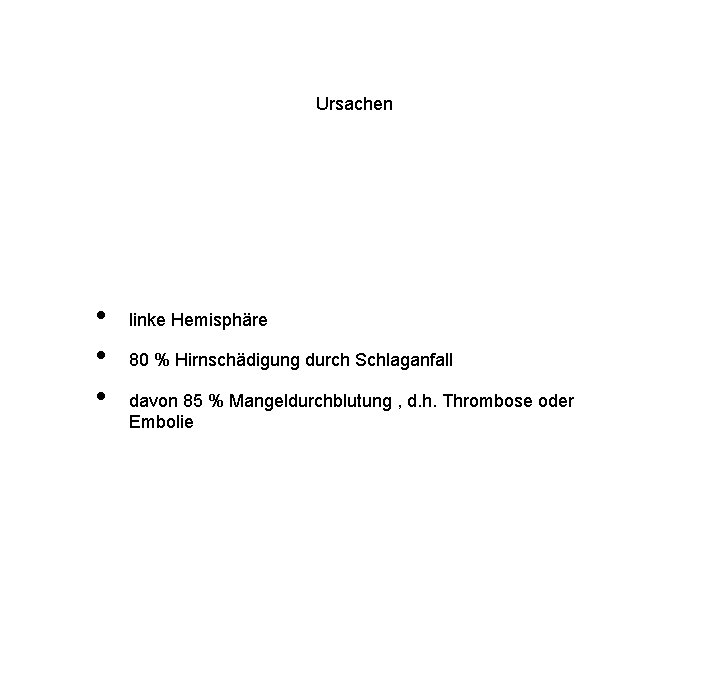 Ursachen • • • linke Hemisphäre 80 % Hirnschädigung durch Schlaganfall davon 85 %