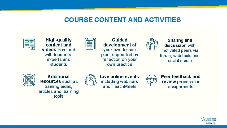 COURSE CONTENT AND ACTIVITIES High-quality content and videos from and with teachers, experts and