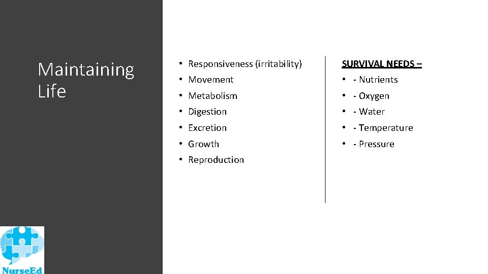 Maintaining Life • Responsiveness (irritability) SURVIVAL NEEDS – • Movement • - Nutrients •