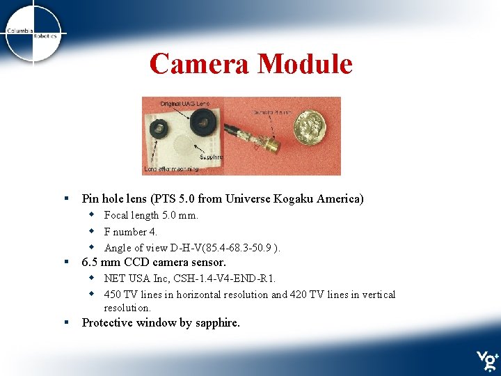 Camera Module § Pin hole lens (PTS 5. 0 from Universe Kogaku America) w