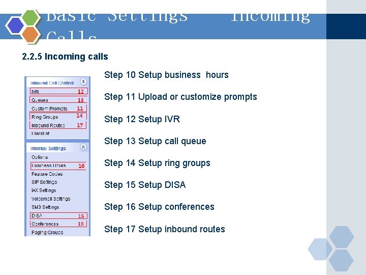 Basic Settings – Incoming Calls 2. 2. 5 Incoming calls Step 10 Setup business