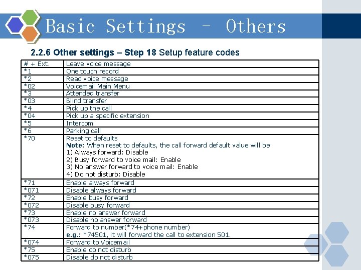Basic Settings – Others 2. 2. 6 Other settings – Step 18 Setup feature