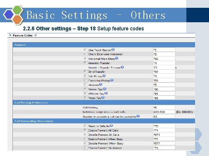 Basic Settings – Others 2. 2. 6 Other settings – Step 18 Setup feature