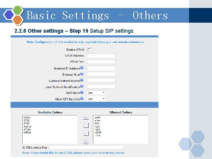 Basic Settings – Others 2. 2. 6 Other settings – Step 19 Setup SIP