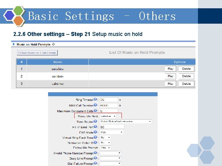 Basic Settings – Others 2. 2. 6 Other settings – Step 21 Setup music