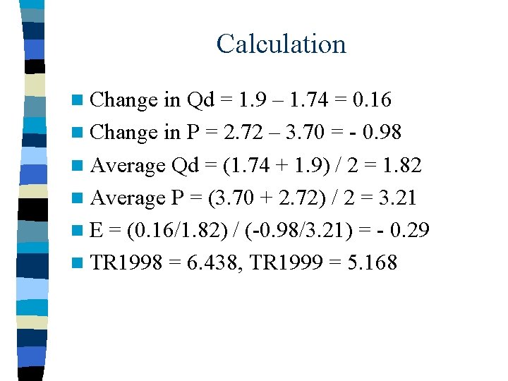 Calculation n Change in Qd = 1. 9 – 1. 74 = 0. 16