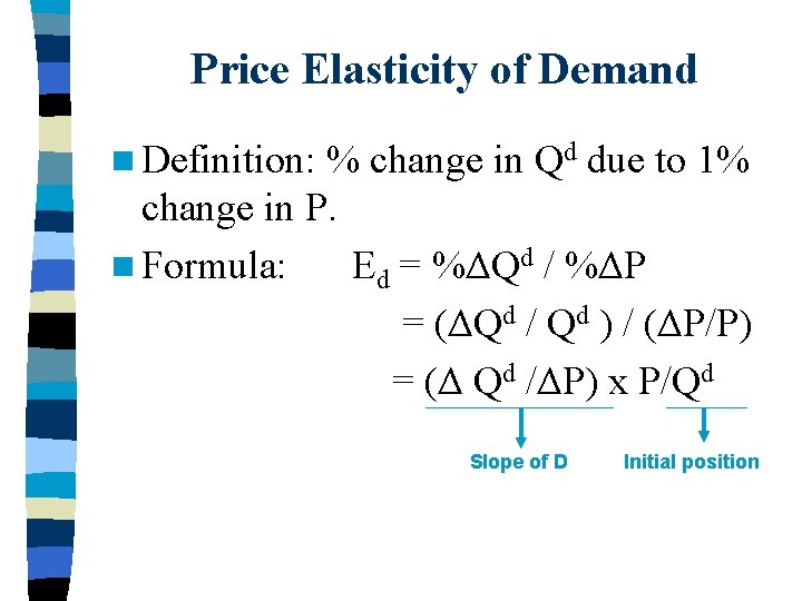 Price Elasticity of Demand n Definition: % change in Qd due to 1% change