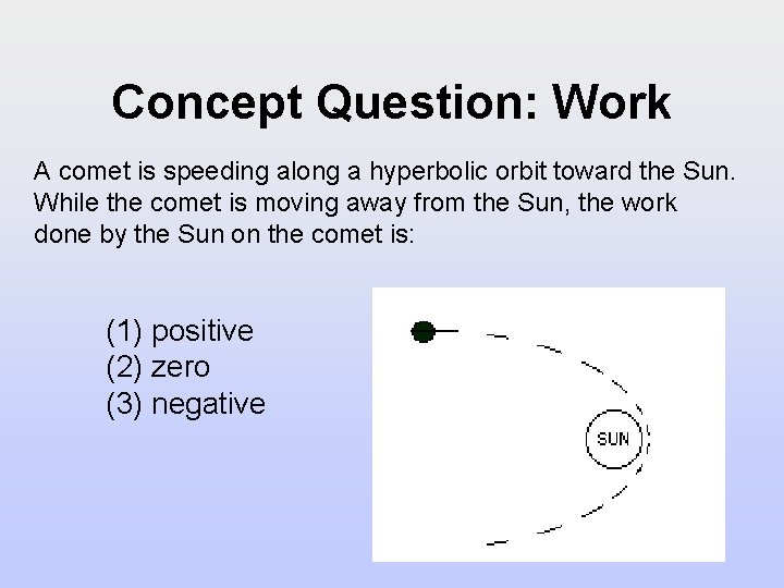 Concept Question: Work A comet is speeding along a hyperbolic orbit toward the Sun.