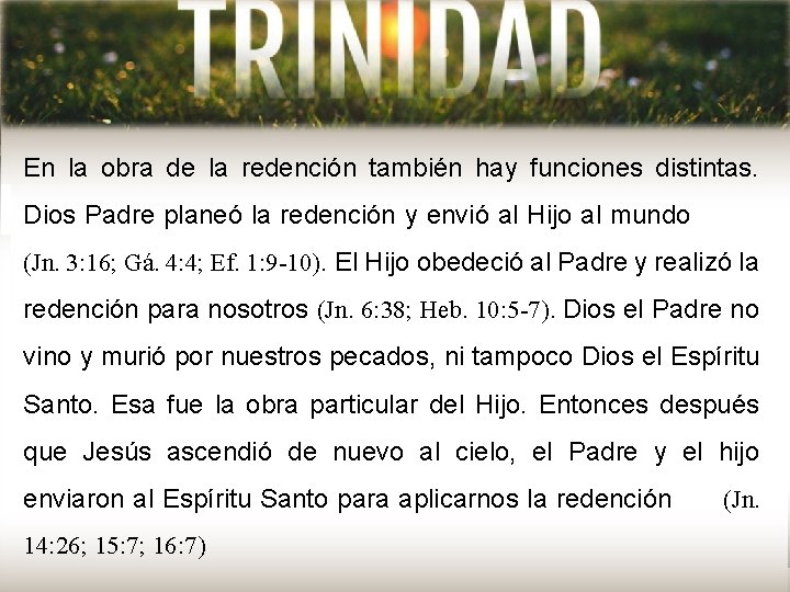 En la obra de la redención también hay funciones distintas. Dios Padre planeó la