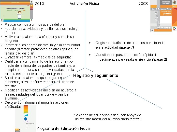 2010 Activación Física • Platicar con los alumnos acerca del plan. • Acordar las