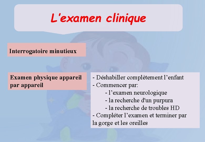 L’examen clinique Interrogatoire minutieux Examen physique appareil par appareil - Déshabiller complètement l’enfant -