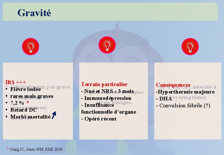  Gravité IBS +++ Généralement pas grave • • Fièvre isolée • • rares