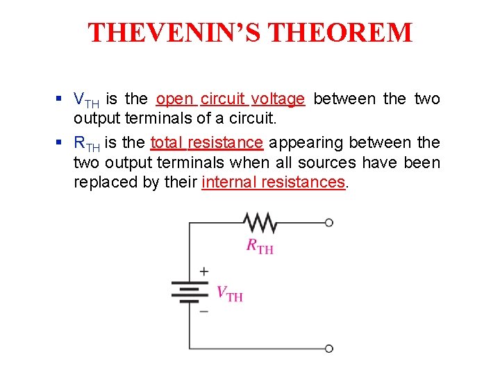 THEVENIN’S THEOREM § VTH is the open circuit voltage between the two output terminals