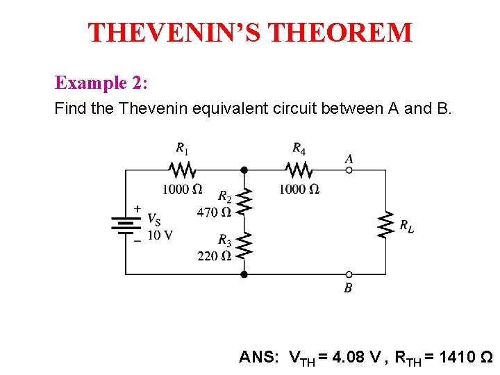 THEVENIN’S THEOREM Example 2: Find the Thevenin equivalent circuit between A and B. ANS: