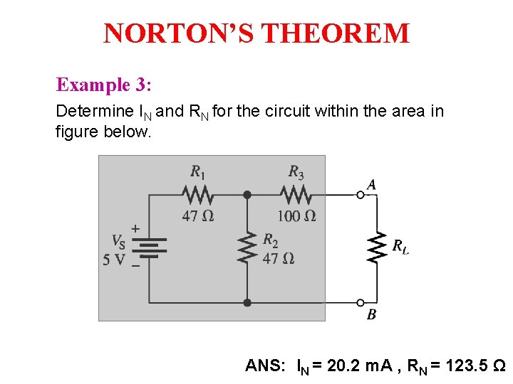 NORTON’S THEOREM Example 3: Determine IN and RN for the circuit within the area