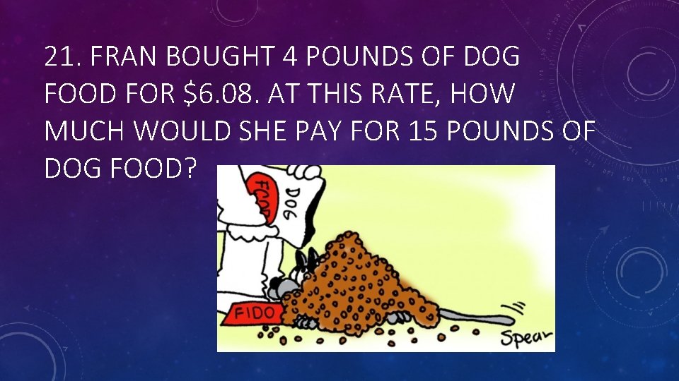 21. FRAN BOUGHT 4 POUNDS OF DOG FOOD FOR $6. 08. AT THIS RATE,