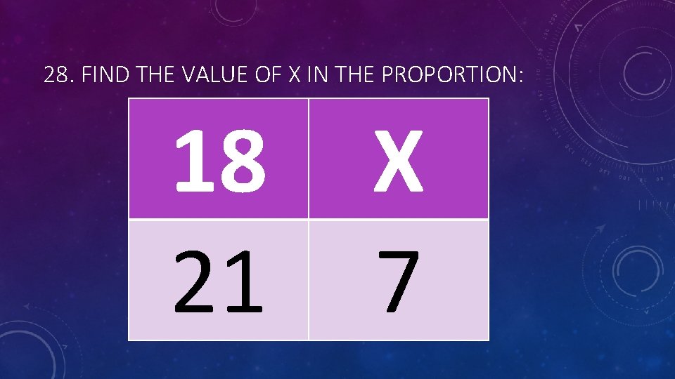 28. FIND THE VALUE OF X IN THE PROPORTION: 18 21 X 7 