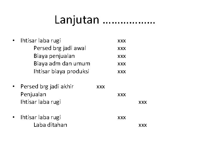 Lanjutan ……………… • Ihtisar laba rugi Persed brg jadi awal Biaya penjualan Biaya adm