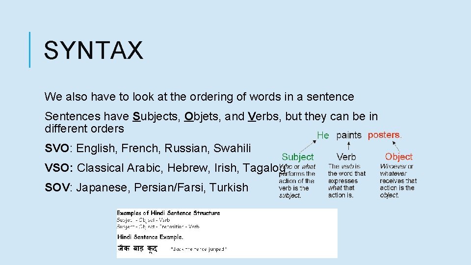SYNTAX We also have to look at the ordering of words in a sentence