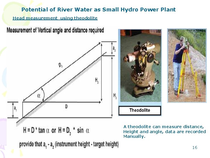 Potential of River Water as Small Hydro Power Plant Head measurement using theodolite A