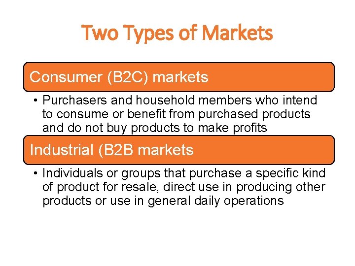 Two Types of Markets Consumer (B 2 C) markets • Purchasers and household members