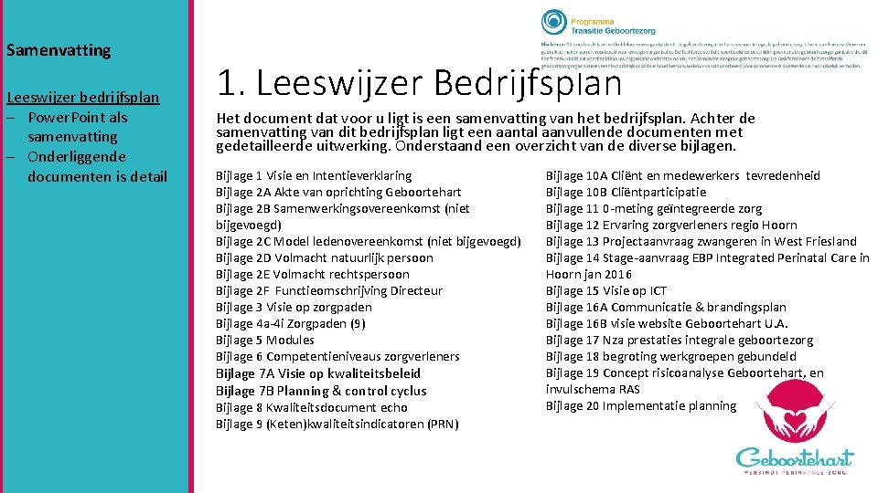 1 Samenvatting Leeswijzer bedrijfsplan Power. Point als samenvatting Onderliggende documenten is detail 1. Leeswijzer