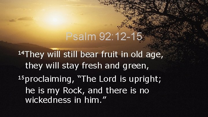 Psalm 92: 12 -15 14 They will still bear fruit in old age, they