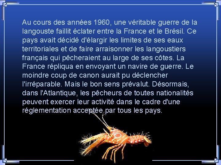 Au cours des années 1960, une véritable guerre de la langouste faillit éclater entre Au cours des années 1960, une véritable guerre de la langouste faillit éclater entre