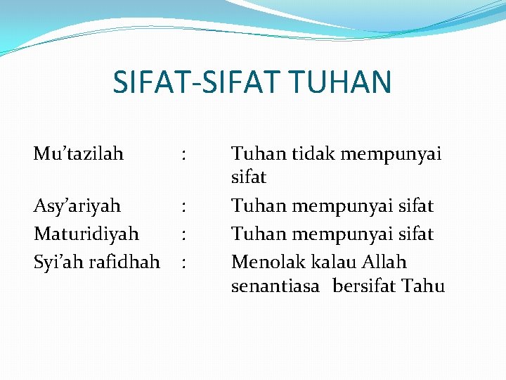 SIFAT-SIFAT TUHAN Mu’tazilah : Asy’ariyah Maturidiyah Syi’ah rafidhah : : : Tuhan tidak mempunyai
