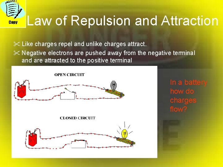 Law of Repulsion and Attraction " Like charges repel and unlike charges attract. "