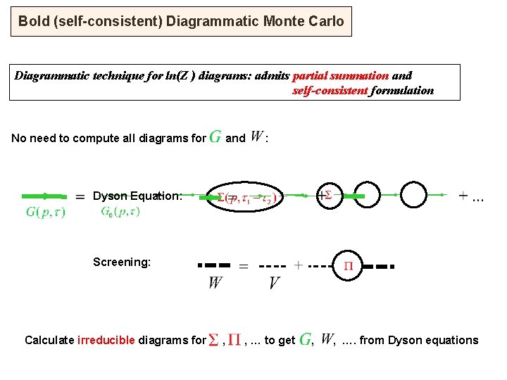 Bold (self-consistent) Diagrammatic Monte Carlo Diagrammatic technique for ln(Z ) diagrams: admits partial summation