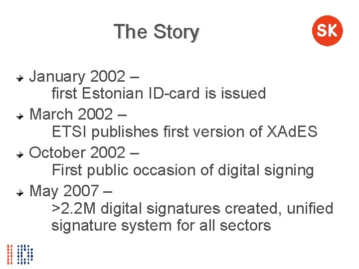 The Story January 2002 – first Estonian ID-card is issued March 2002 – ETSI