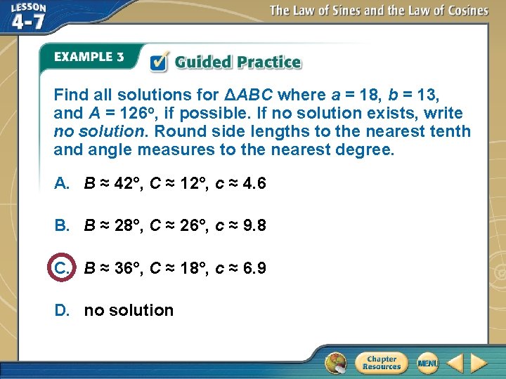 Find all solutions for ΔABC where a = 18, b = 13, and A