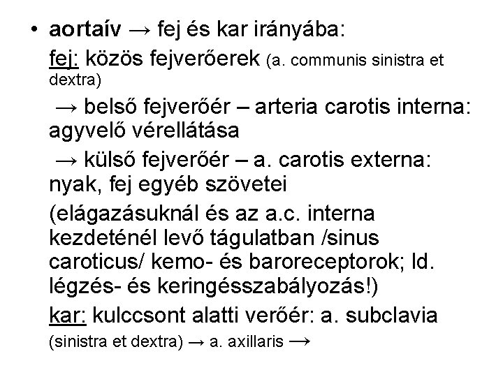  • aortaív → fej és kar irányába: fej: közös fejverőerek (a. communis sinistra