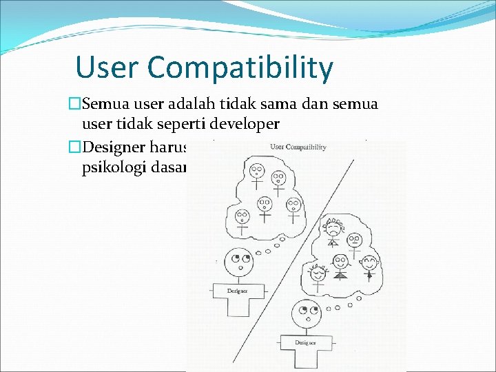 User Compatibility �Semua user adalah tidak sama dan semua user tidak seperti developer �Designer