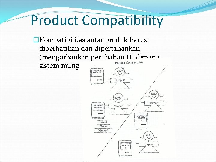 Product Compatibility �Kompatibilitas antar produk harus diperhatikan dipertahankan (mengorbankan perubahan UI dimana sistem mungkin
