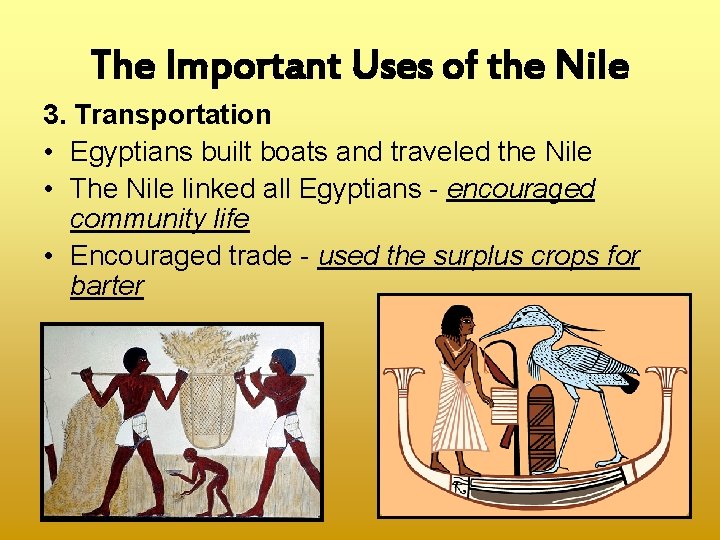 The Important Uses of the Nile 3. Transportation • Egyptians built boats and traveled